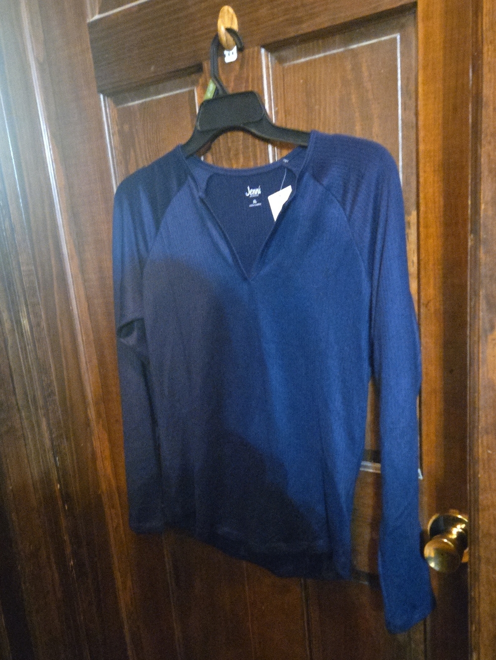 Jenni Navy Blue Long Sleeve V‑Notch Top